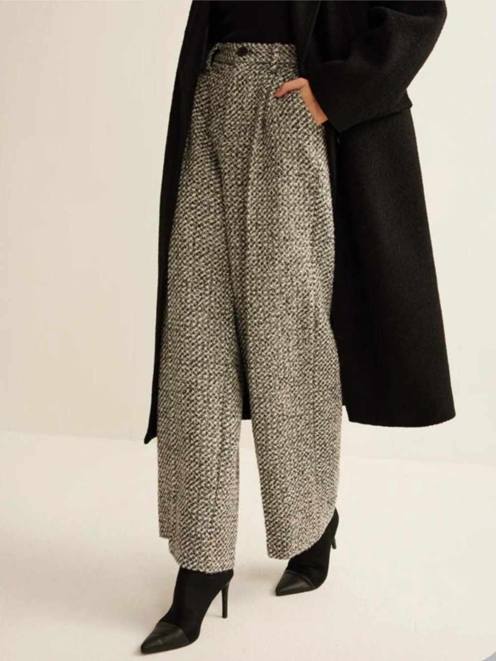COMMENSE *NWT Wool-Blend Tweed Pants Black & White Textured Wide-Leg Trousers